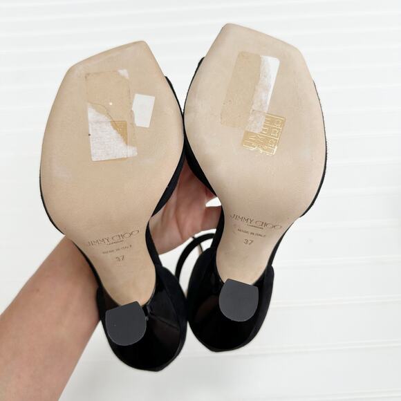 Jimmy Choo Black Suede Reon Sandals Square Toe Ankle Strap 37 - Picture 7 of 12
